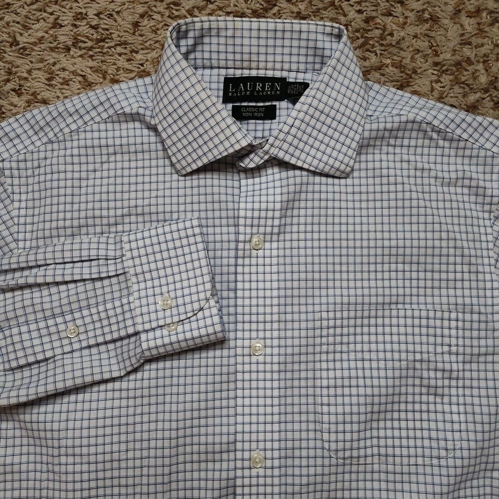 Lauren Ralph Lauren White Plaid Men Sz M 15.5‎ 32-33 Classic Long Sleeve Button